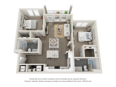 Floor plan for 2 beds, 2 baths, 1018 sqft